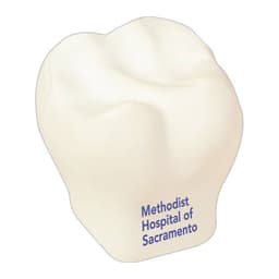 A white tooth-shaped stress reliever with a logo printed on it.