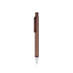 A brown plastic pen with a sleek design and a clip for easy attachment. It has a silver tip for writing.