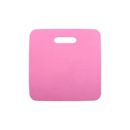 A pink stadium seat cushion with a handle, featuring a smooth surface and square design.