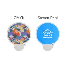 A 20cm foldable fan featuring a colourful abstract print on one side and a bright blue design with a logo on the other.