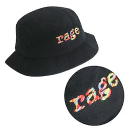 A black Terry Toweling bucket hat with a multicoloured embroidered logo. Suitable for leisure and outdoor activities.