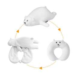 A bear-shaped white travel pillow that converts between a plush bear and a neck pillow, featuring a playful design.