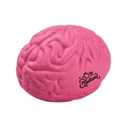 A pink brain-shaped stress reliever with a logo on its side, designed for fun and relaxation.