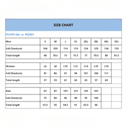 A size chart for a 100% polyester sublimated breathable crew neck raglan tee shirt, detailing measurements for men, women, and kids.
