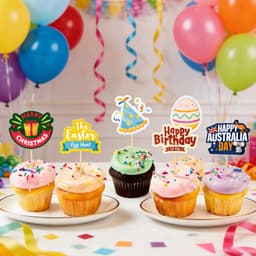 A selection of decorated cupcakes with assorted festive toppers, surrounded by colourful balloons.