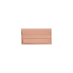 A soft pink PU leather glasses pouch with a folded flap closure and a logo.