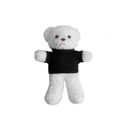 A white plush bear toy wearing a black shirt, featuring a cute face and soft limbs, with a small brown nose.