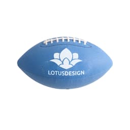 A light blue American football with white stitching and a logo on one side.