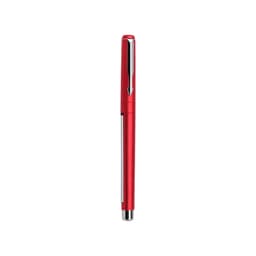 A red pen with a chrome clip and trim, featuring a sleek design and a shiny finish.