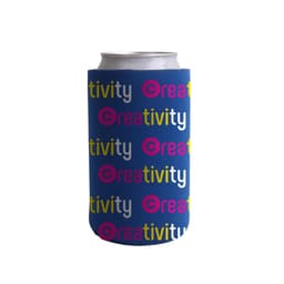 A drink bottle holder in navy blue featuring multi-coloured text and a logo design.