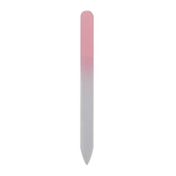 A gradient glass nail file featuring a pink to clear colour transition, with a smooth, pointed tip.