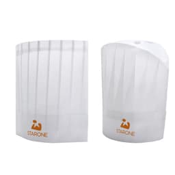 Two disposable non-woven chef hats in white, featuring a logo in orange, designed for kitchen use.