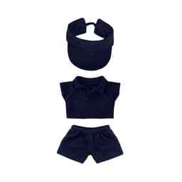 A navy blue plush doll racing suit set featuring a visor, shirt, and shorts, suitable for 15–17cm dolls.