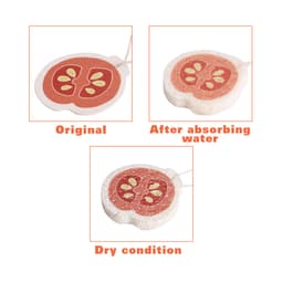 A set of three expandable dishwashing sponges in a tomato shape, showing original, wet, and dry conditions.