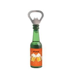 A green, bottle-shaped opener with a silver metal cap and a logo, featuring an orange label with beer graphics.