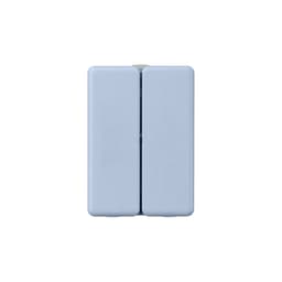A light blue folding pill box with seven compartments and a logo on the surface.