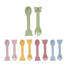 A collection of bear-shaped silicone kids' cutlery in pastel colours, including green, yellow, pink, and blue, with a logo.