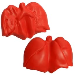 A red lung-shaped stress reliever with a smooth texture, featuring a logo on one side.
