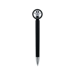 A black pen shaped like a fidget spinner, featuring a silver wheel design at the top and a chrome tip.