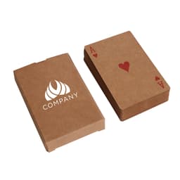 Kraft paper playing cards in a brown box, featuring a red heart Ace card and a logo on the packaging.