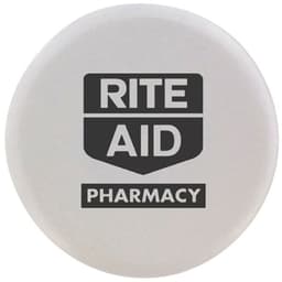 A round white stress reliever designed in the shape of a tablet with a logo.