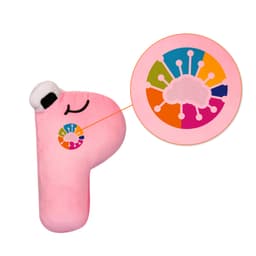 A plush toy shaped like the letter "P" in pink, featuring a small logo. Soft and cuddly design.