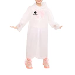 A child wearing a white EVA reusable raincoat, featuring a logo, with pink shoes and a cheerful pose.