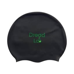 A black swimming cap featuring a logo in green. Designed for use in various water sports.