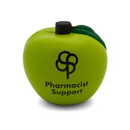 A green apple-shaped stress reliever with a black top and a logo on the front.