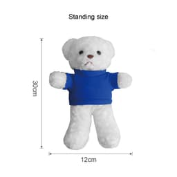 A white bear plush toy wearing a blue shirt, measuring 30 cm tall and 12 cm wide, with a simple facial expression.