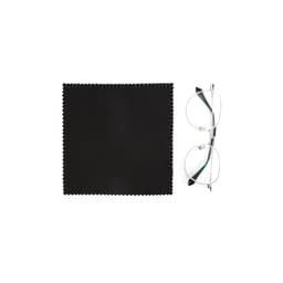 A black RPET lens cloth next to a pair of silver-framed glasses. The cloth has a zigzag edge.