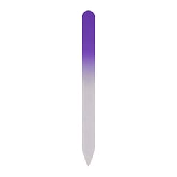 A gradient glass nail file featuring a smooth transition from purple to white along its length.