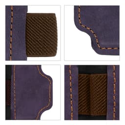 A purple magnetic bookmark features a brown pen clip, showcasing textured fabric and detailed stitching.