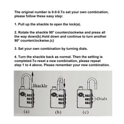 A padlock with a shackle and combination dials, featuring an instructional diagram for setting a combination.