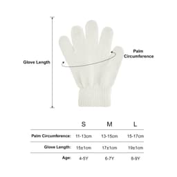 Plain white knitted gloves with a ribbed cuff, featuring a woven label for branding. Various sizes are available.