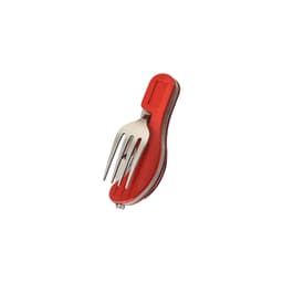 A red camping cutlery tool featuring a fork with a textured handle. It includes a logo on the handle.