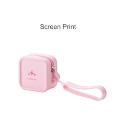 A pink square silicone coin pouch with a zipper and a wrist strap, featuring a logo on the front.