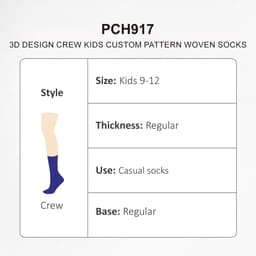 A pair of kids' crew socks in purple, featuring a custom pattern, with a regular thickness and size range of 9-12.