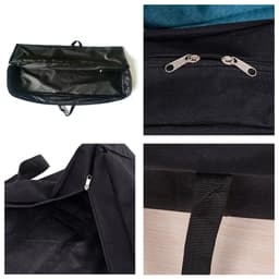 A black travel bag featuring a zippered opening and handles, with detailed stitching and a textured surface.