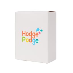 A small square gift box in white, featuring a multi-coloured logo. Dimensions: 100 x 130 x 50mm.