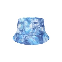A tie-dye bucket hat featuring shades of blue and white, with a wide brim and an inner band.