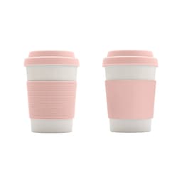 A drink bottle featuring a white bamboo fibre body with a pink silicone lid and matching grip. It has a logo.