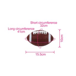 A mini promotional American football in brown with white stripes, featuring measurements for length and circumference.