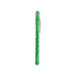 A green pen featuring a transparent body with a maze design and a clip for easy attachment.