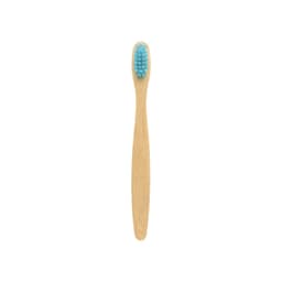A small bamboo toothbrush with a natural bamboo handle and a light blue bristle head.