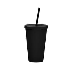 A black matte plastic cup with a lid and a black straw. Features a logo on the cup.