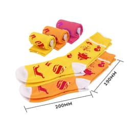Brightly coloured woven socks in yellow and orange, featuring various playful patterns. Includes rolled socks in pink and yellow.