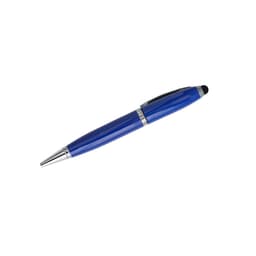 A blue metal pen with a shiny finish, featuring a silver band and a logo. The pen also includes a stylus tip.