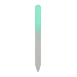 A gradient glass nail file featuring a smooth transition from mint green to clear. It has a sleek, pointed design.