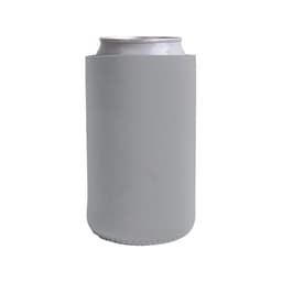 A drink bottle holder in light grey, featuring a smooth surface and a logo. Suitable for standard cans.